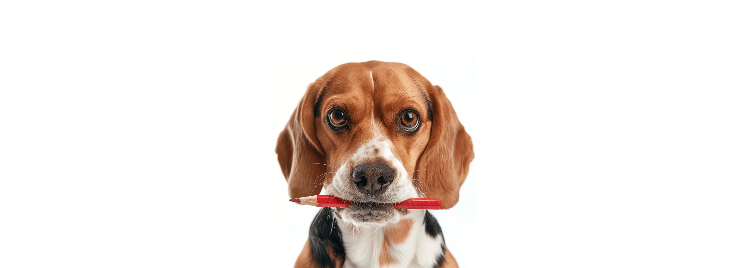 Je ziet een hond afgebeeld met een rode stempotlood in haar mond. Dit beeld is gegeneerd met AI.