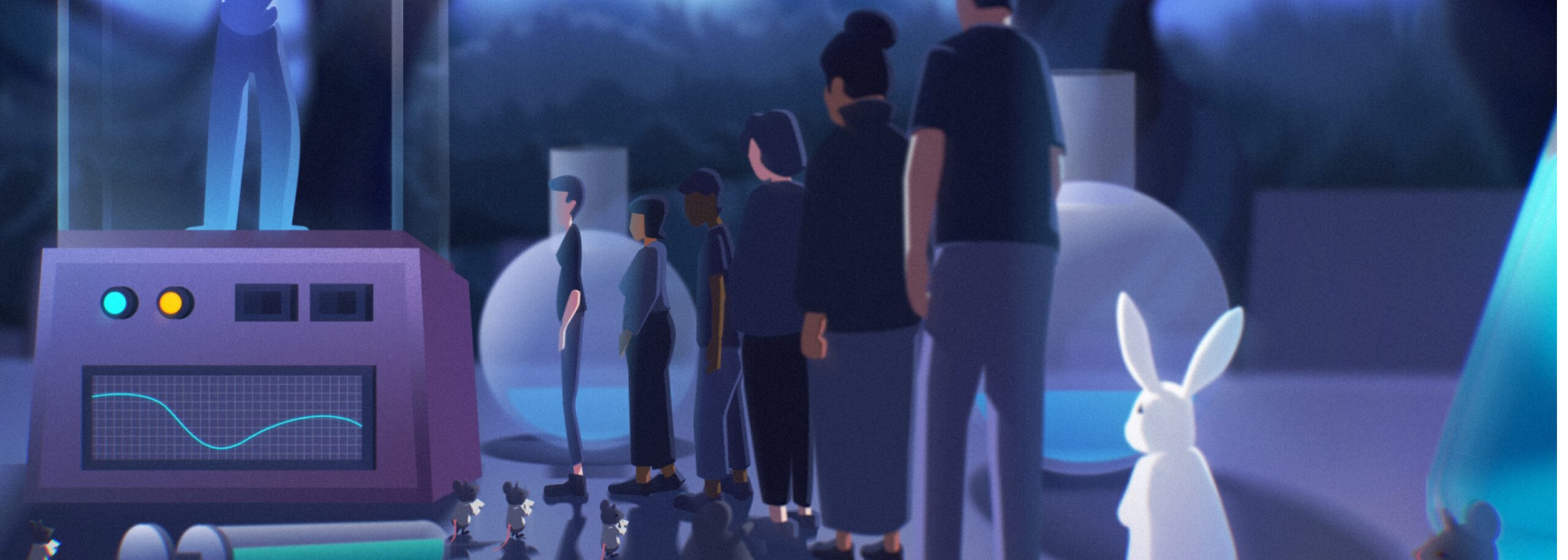animatie over dierproeven waarbij een konijn in een lab zit