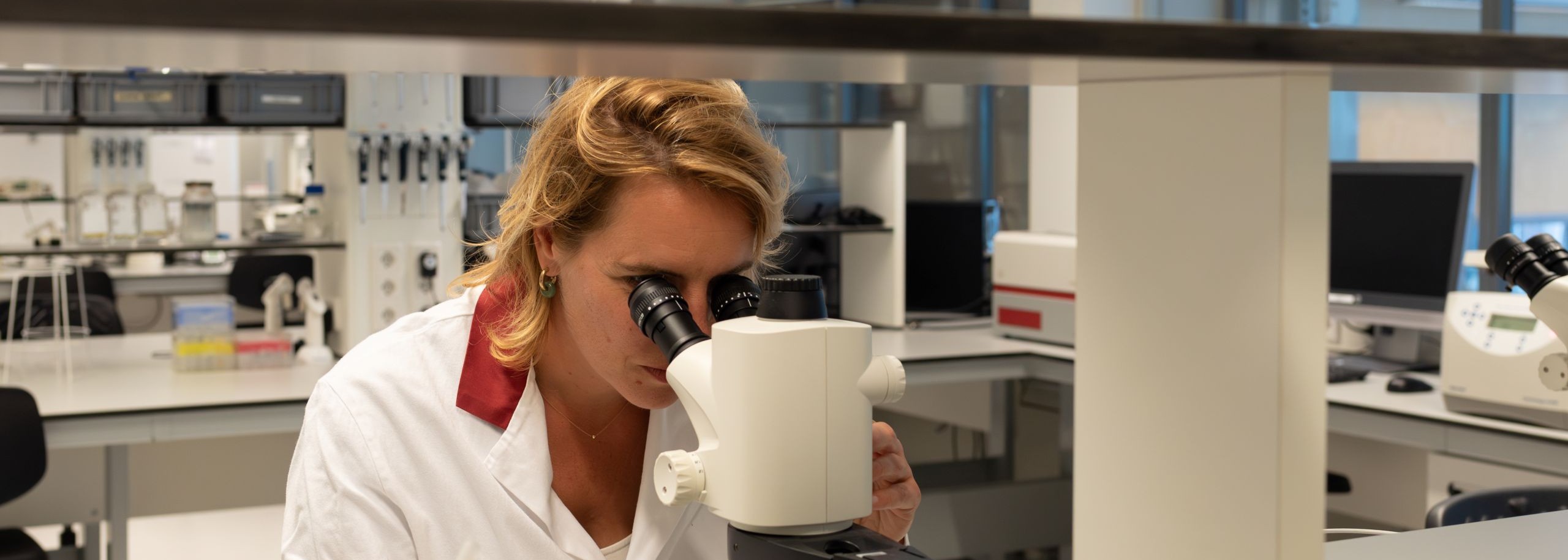 anne kienhuis kijkt door de microscoop in het lab